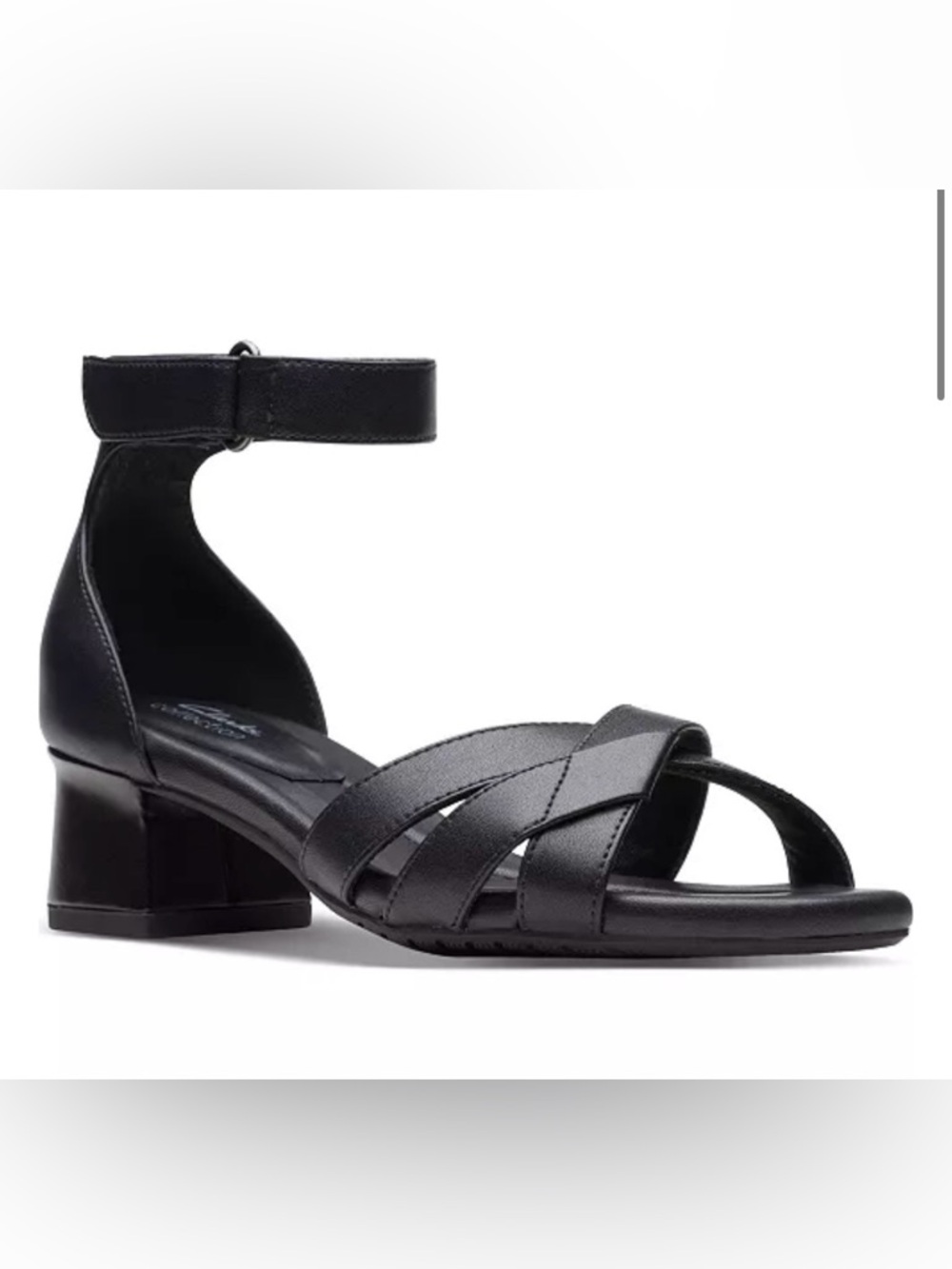 Clarks Black Crossed-Strap Ankle Block chunky minimalist comfy Heels